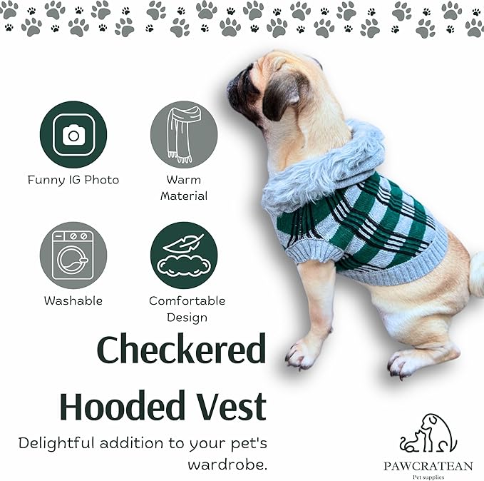 Cute Sweater for Dogs and Cats Soft Flannel Pet Outfit Warm and Cozy Animal Hoodie Small to Large Pet Clothes for Halloween Parties and Everyday Wear (Medium, Green Checkered with Hat)