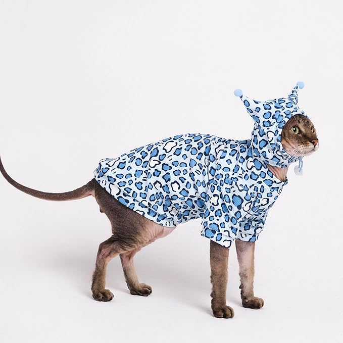 Sphynx Cat Clothes, Cat Suit with Hat and Sweatshirt, Full Set for Hairless Cats, Cornish Rex and Devon Rex (Blue Suit, XL(9-10lbs))