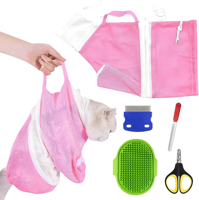 Cat Bathing Bag, Anti-Scratch & Anti-Bite Adjustable Mesh Cat Shower Bag with Nail Clipper, Grooming Comb, Bath Brush & Nail File, Breathable Cat Washing Bag for Bathing, Nail Trimming
