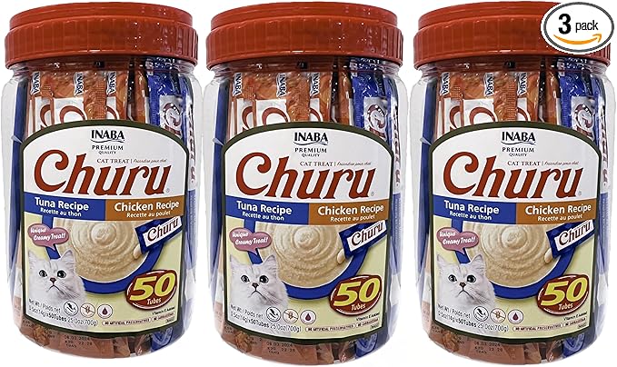 INABA Churu Cat Treats, Grain-Free, Lickable, Squeezable Creamy Purée Cat Treat/Topper, (50 Count Pack of 3) (150 Tubes Total)