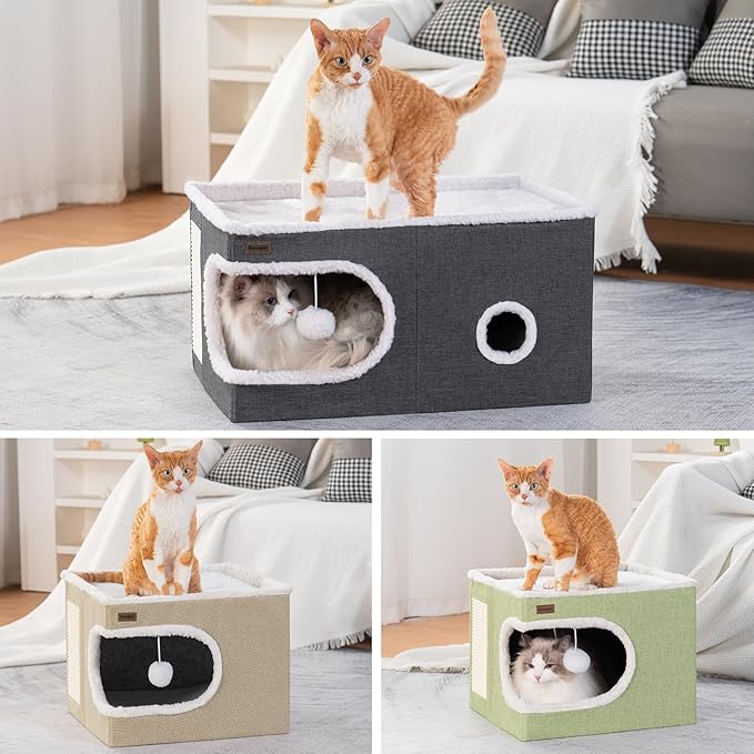 Garnpet Cat Bed for Indoor Cats Cube House, Covered Cat Cave Beds & Furniture with Scratch Pad and Hideaway Tent, Cute Modern Cat Condo for Multi Small Pet Large Kitten Kitty, Large, Green
