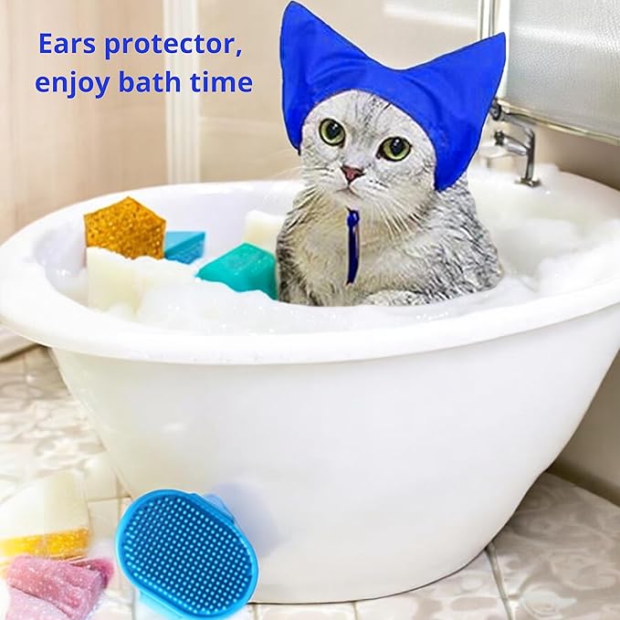 Cat Shower Cap and Bath Brush set, Cat Ear Cover and Grooming Bathing Brush for Cats Puppy Small Dogs, Cat Ear Protection Stuff, Small Dog Cat Bathing Supplies, Pet Accessories (Blue)