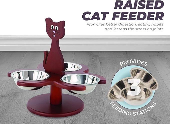 Etna Pet Store Elevated Cat Bowls - Wooden, Raised Pet Feeder Promotes Better Digestion, Easy on Joints - Multiple Feeder with 3 Removable Bowls for Food and Water - Brown