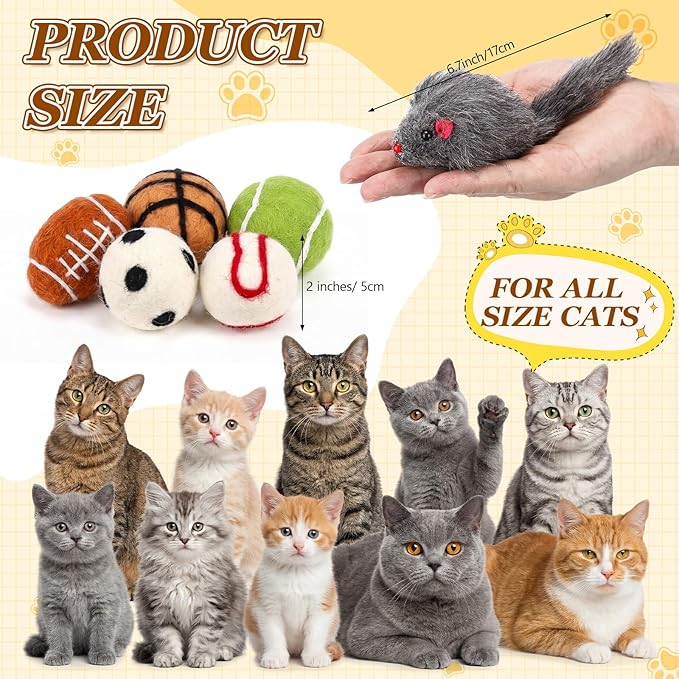 Outus 10 Pcs Cat Toys Bulk Include 5 Furry Mouse & 5 Sport Themed Pom Pom Balls for Cat and Kitty Mice Toys Felt Wool Ball Soft Quiet Interactive Catch Without Catnip for Yard Apartment Indoor Outdoor