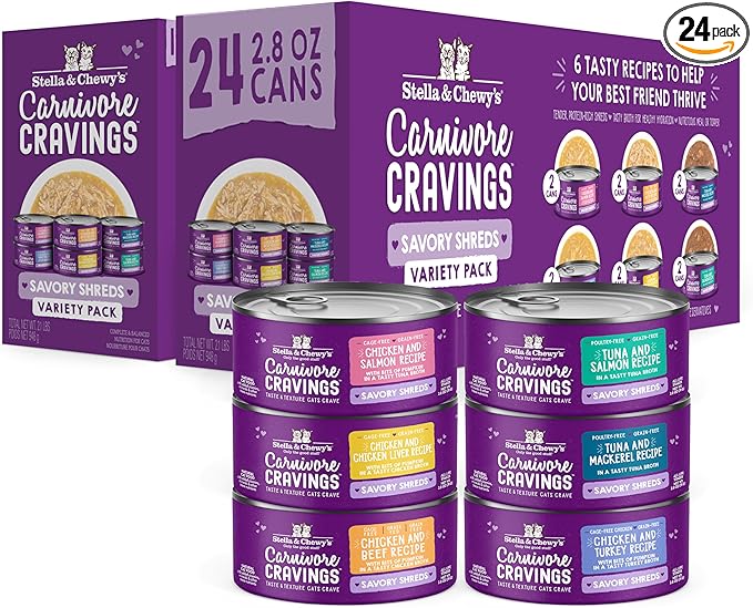 Stella & Chewy's Carnivore Cravings Savory Shreds - Wet Cat Food - High-Moisture Formula with Premium Real Meat - Perfect for Picky Eaters - Variety Pack, 2.8 oz, 24 Count