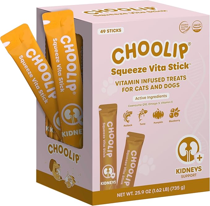 Choolip Squeeze Vita Stick Lickable Cat and Dog Treats, 49-Count Kidney Support Variety Pack, Tuna and Pollack with Pumpkin, Blueberry and Omega-3