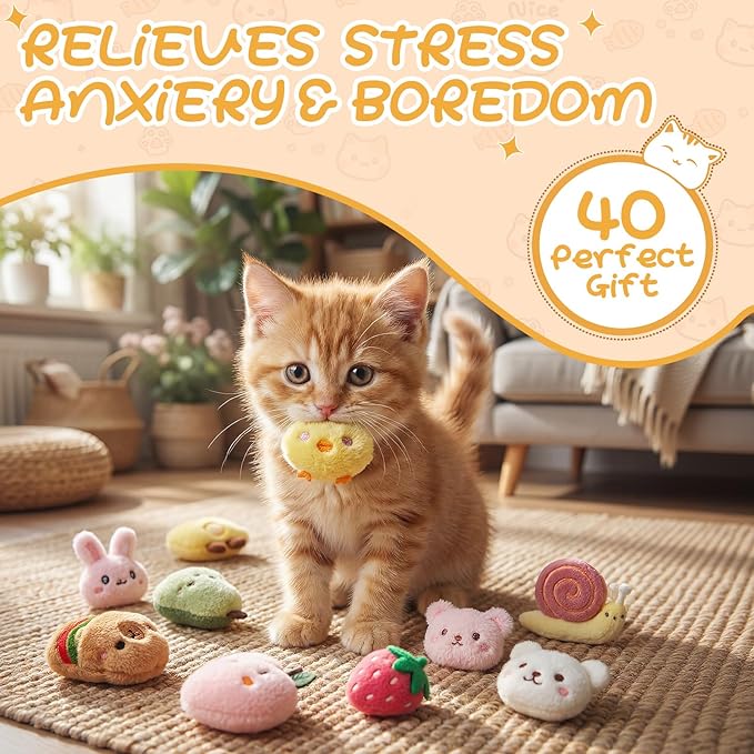 Leitee 40 Pcs Cat Toys Bulk Interactive Chew Toys for Indoor Cats, Small Plush Soft Kitten Teething Chew Toy for Cat Lovers Gifts Entertaining, Catnip Not Included(Cute,2-2.8")