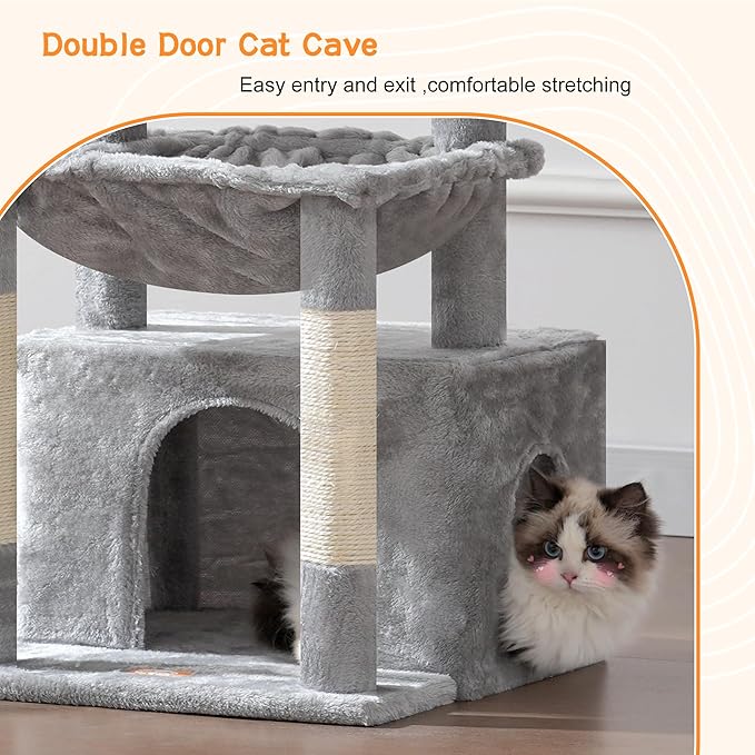Heybly Cat Tree, Kitten Tower with Large Soft Cat Basket,Cat Condo with Spacious Cat Bed Cave with Hidden Space，Sisal-Covered Scratching Posts,Dangling Ball for Indoor Cats, Light Gray HCT008SW