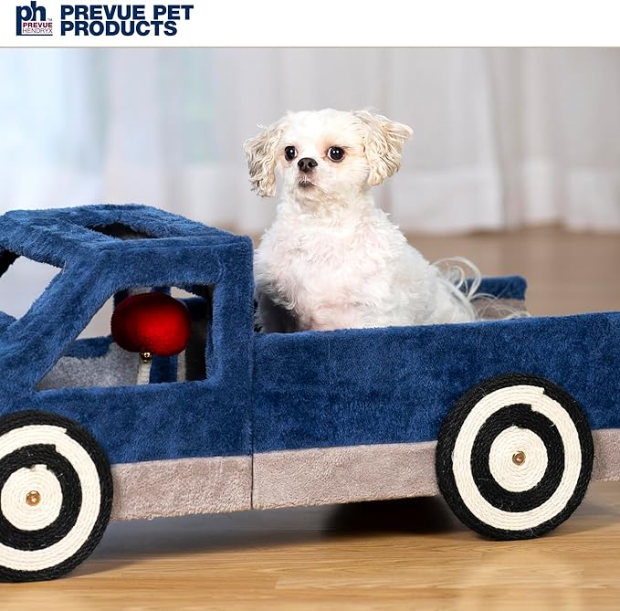Prevue Pet Products Kitty-150 Cat and Dog Bed and Play Truck - Funny Novelty Dog & Cat Car Bed with Scratcher, Large & Cozy, Easy to Assemble, Removable Pillow, Included Swatting Toy - Blue