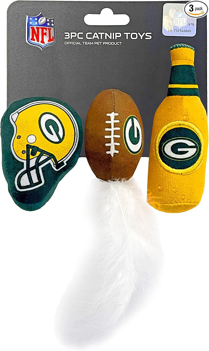 BEST PLUSH CAT TOY - NFL GREEN BAY PACKERS Complete Set of 3 piece Cat Toys filled with Fresh Catnip. Includes: 1 Helmet Cat Toy, 1 Football Cat Toy with Feathers & 1 Beer Bottle. Beautiful Team LOGOS