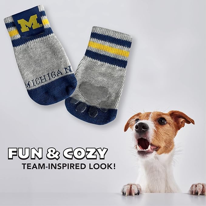 NCAA Michigan Wolverines Anti Slip Dog Socks with Elastic Ribbed Top, Size Medium/Large. Indoor/Outdoor Socks, Best Dog Paw Protector, 2 Pairs of Pet Socks with Your Favorite Collegiate Sports Team