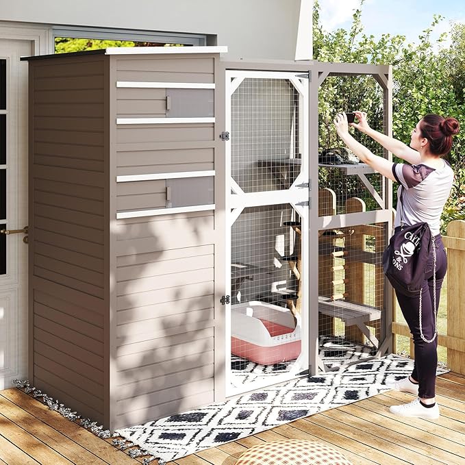 154" L Extra Large Catio Outdoor Cat Enclosure, Weatherproof Walk-in Catio Cat Patio Attached Window for Multiple Cats, Semi-Enclosed Kitty Enclosure Outside with 6 Platforms