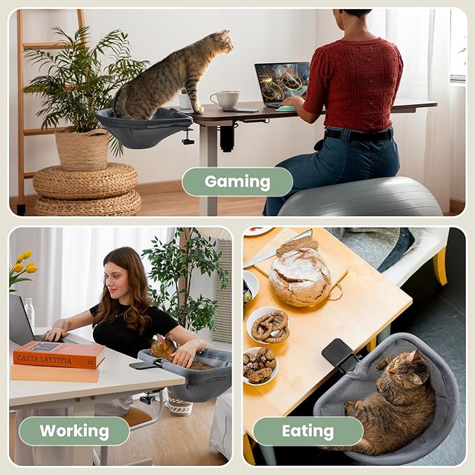 JUNSPOW Cat Desk Bed - One-Click Folding, Sunken Design & Space-Saving Semi-Circular Cat Bed, Mesh Cover Material, Suitable for Various Desktops-Maximum Hold Up to 40lb