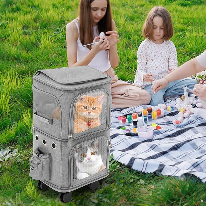 Double-Compartment Pet Carrier Backpack with Wheels for Small Cats and Dogs, Cat Rolling Carrier for 2 Cats, Perfect for Traveling/Taking a Walk/Trips to The Vet,for Up to 22 LBS (Grey)