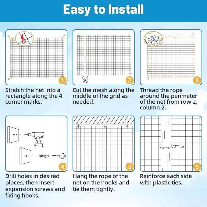 Lewondr Cat Netting Balcony, 10x6.5ft Steel Wire Reinforced Balcony Screen for Pets, Anti-Fall Pet Mesh Fence Cat Safety Net for Balcony, Window, Stair, Patio