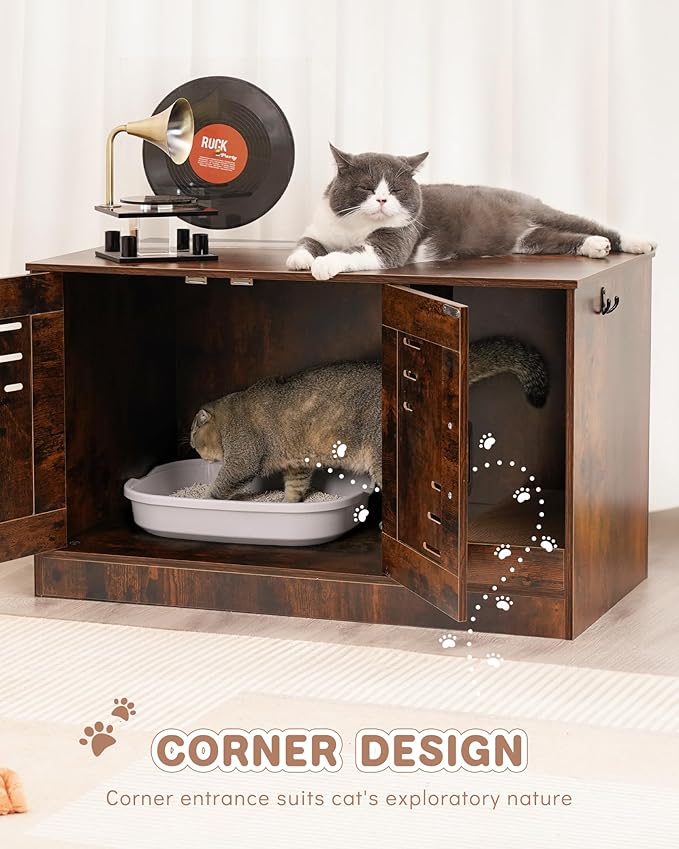 Cat Litter Box Enclosure, Hidden Cat Litter Box Furniture with Vent and Scratch Pad, Enclosed Odor Control, Easy Clean Panel, for Bedroom, Living Room, Rustic Brown