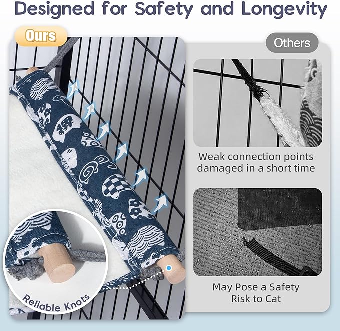 Fantasreen Reversible Cat Hanging Hammock 2 Pieces Soft Pet Cage Hammock with Adjustable Straps and Metal Hooks Double Sided Hanging Bed for Small Rabbits Ferret Cat