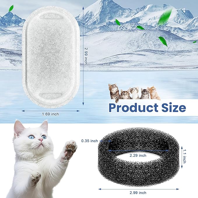 Cat Water Fountain Filters Replacement, 24 Pcs Pet Water Fountain Filter with 24 Pcs Foam Sponges for 67oz/2L & 108oz/3.2L Stainless Steel Pet Cat Water Fountain Dispenser Filters