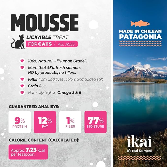IKAI - Lickable Wet Cat Treats - Patagonian Salmon from Chile, No By-Products, Highly Digestible Protein, with Omega 3 & 6 for Healthy Skin & Glossy Coat - 2.11 oz (16 Pack, Salmon & Shrimp)