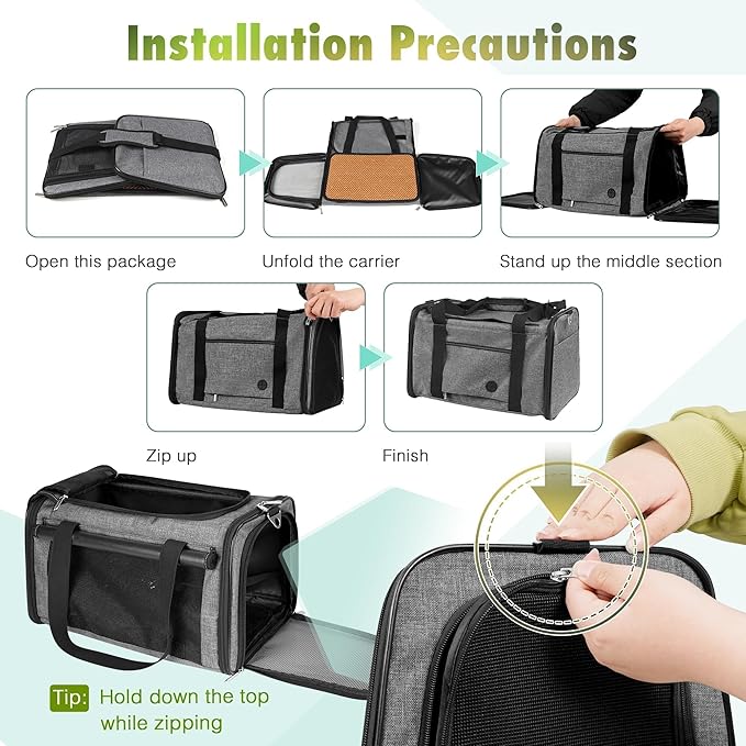 YUDODO 25lbs Cat Carrier Lightproof Soft Sided Pet Carrier for Large Cat & Small Dog Airline Approved Travel Puppy Carriers with Side Pockets & Reflective Mesh Foldable Portable for Outdoor Grey Green