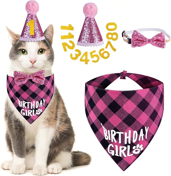 Cat Birthday Decorations, Pink Girl Cat Birthday Bandana Hat Numbers Bowtie for Cats Party Outfits