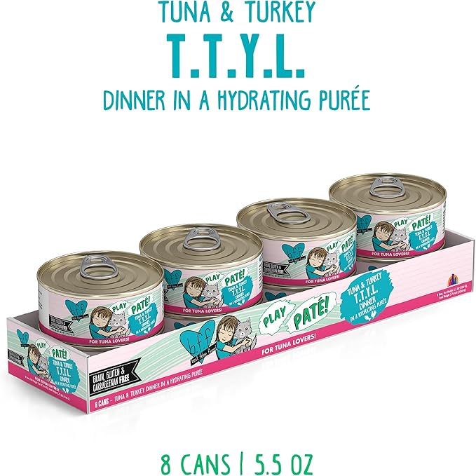 Weruva B.F.F. Play - Best Feline Friend Paté Lovers, Aw Yeah!, Tuna & Turkey T.T.Y.L. with Tuna & Turkey, 5.5oz Can (Pack of 8)