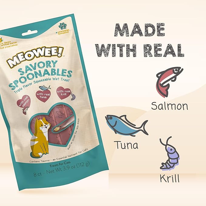 MEOWEE! Savory Spoonables with Real Salmon, Tuna & Krill, 8 Count Tube, Triple Flavor Squeezable Lickable Wet Treats for Cats with Built-in Spoon for Less Mess (Pack of 2)