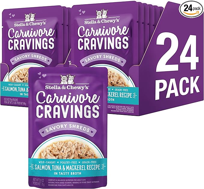 Stella & Chewy's Carnivore Cravings Wet Cat Food - Premium Pouches - Grain Free, High Protein Salmon, Tuna & Mackerel - Perfect For Picky Eaters - Complete Meal or Topper (2.8 oz, 24 Pack)