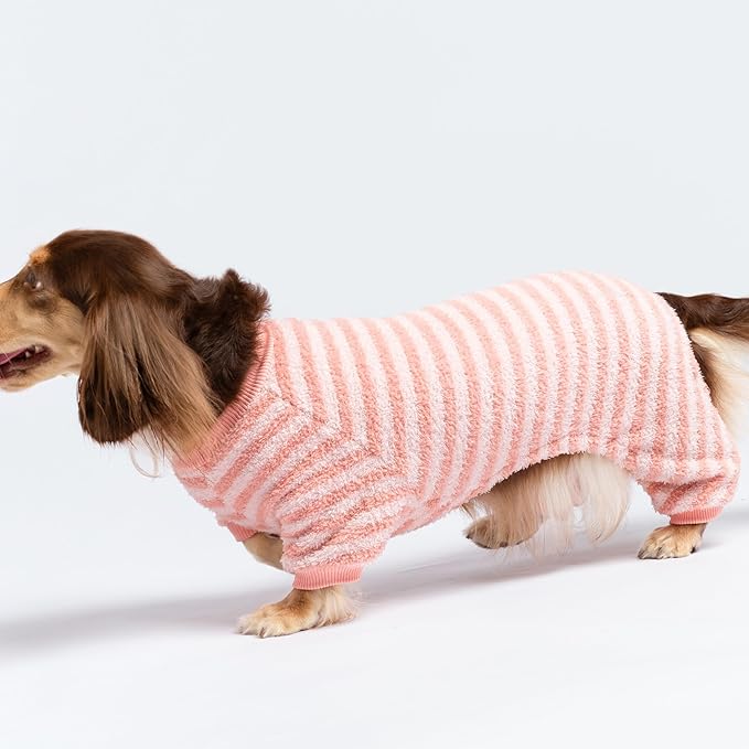 Fitwarm Fuzzy Fleece Stirped Dog Pajamas, Dog Winter Clothes for Small Dogs Girl, Cozy Dog Onesie, Pet Jumpsuit, Doggy Apparel, Pink, White, Large