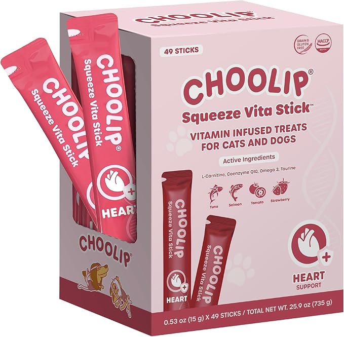 Choolip Squeeze Vita Stick Heart Support Cat and Dog Treats, 49-Count Salmon & Tuna Lickable Sticks with CoQ10, Taurine and L-Carnitine, Vet-Formulated