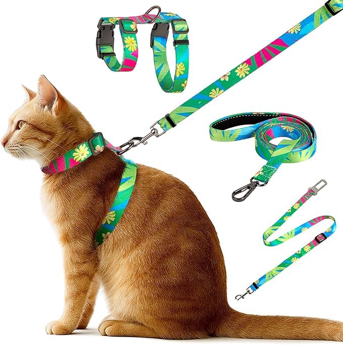 Cat Harness and Leash Set, Anti Escape Adjustable Cat Leash, Comfortable Soft Lightweight, Use Safe & Easy, Suitable for Small, Walking Kitten Harness for Large Medium Small Cats, Hawaii Green