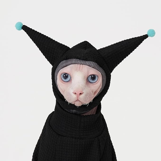 Sphynx Cat Clothes Waffle Pattern Suit, Cute Pet Hat and Shirt Set, Hairless Cat Devon Cornish Pink and Black Suit, (X-Small, Black)