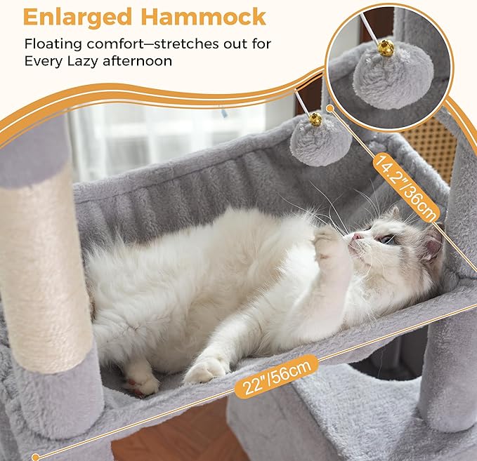 54" Cat Tree with Big Hammock 21x17” XL Cat Tower with Scratching Posts Featuring Large Top Bed, Scratcher Pad, Spacious Condo House and Detectable Ball for Indoor Cats-Large Gray