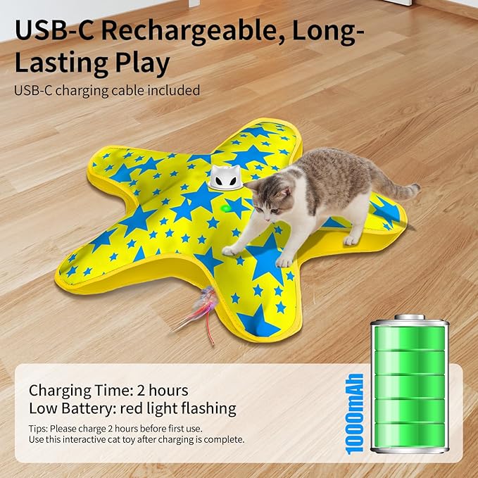 Rechargeable Interactive Cat Toys, Automatic Cat Toy for Indoor Cats, Durable Hide and Seek Cat Toy with Moving Concealed Feathers, Touch Activated Kitten Toys Cat Exercise Toys, Yellow Blue Cover