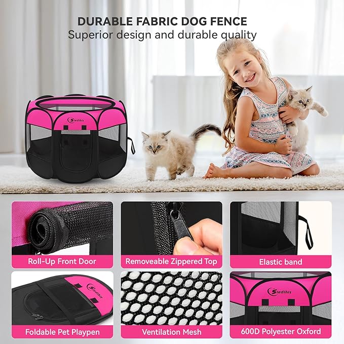 Siedihit Dog Playpen, Puppy Pet Playpens Indoor for Small Dogs Tent Crates Cage Indoor/Outdoor, Portable Pop Up Dog Kennel Playpen with Carrying Case for Dogs/Cats/Rabbits, Hot Pink