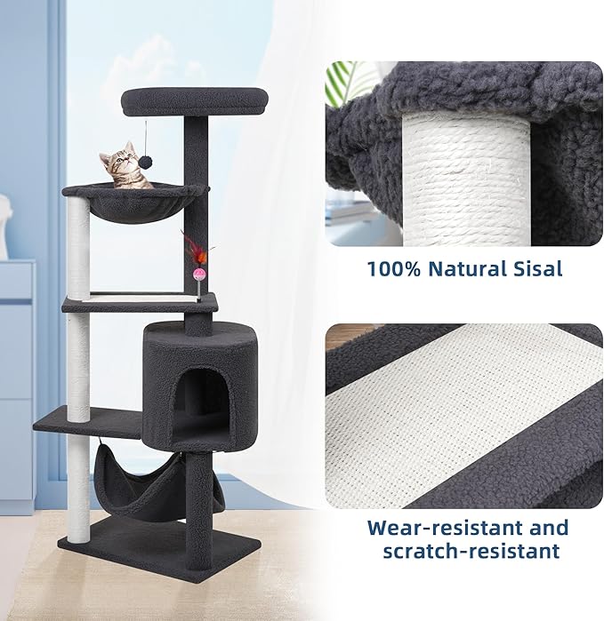 YUNIQUE Cat Tree with Cat Condo Scratch Posts Scratch Tablet and Big Hammock, (60.2‘’ Grey)