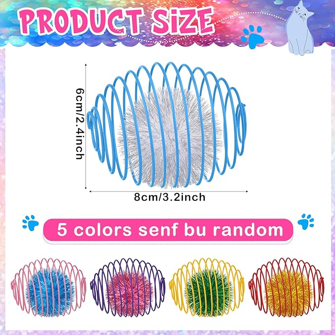Jecery 5 Pcs Cat Spring Toys Stretchable Rolling Balls Colorful Playful Coils Interactive Action Toy Caged Rats for Kitten Pet Supplies (Glitter Balls,Multicolor)
