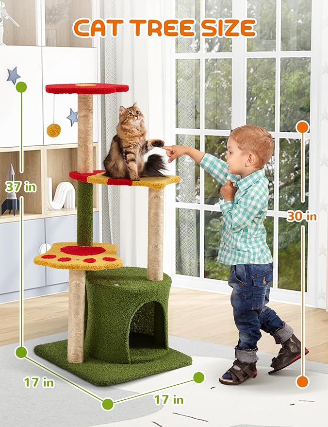 37in Cute Cat Tree, Flower Cat Tower for Indoor Cats with 3 Sisal Covered Scratching Posts, Cozy Tower Condo, Large Padded Top Perch Green Fun Cat Tree Kitty Condo Cat Furniture for Indoor Cats