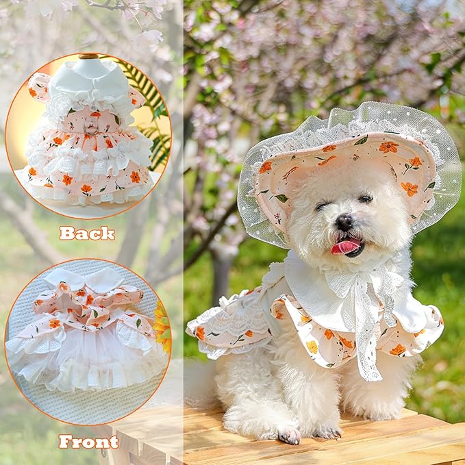 2 Pcs Pet Floral Dress and Lace Sunhat, Summer Skirt with Laces for Dog, Cute Bowknot Dresses for Cat, for Birthday Party and Outdoor Travel (Orange, X-Small)
