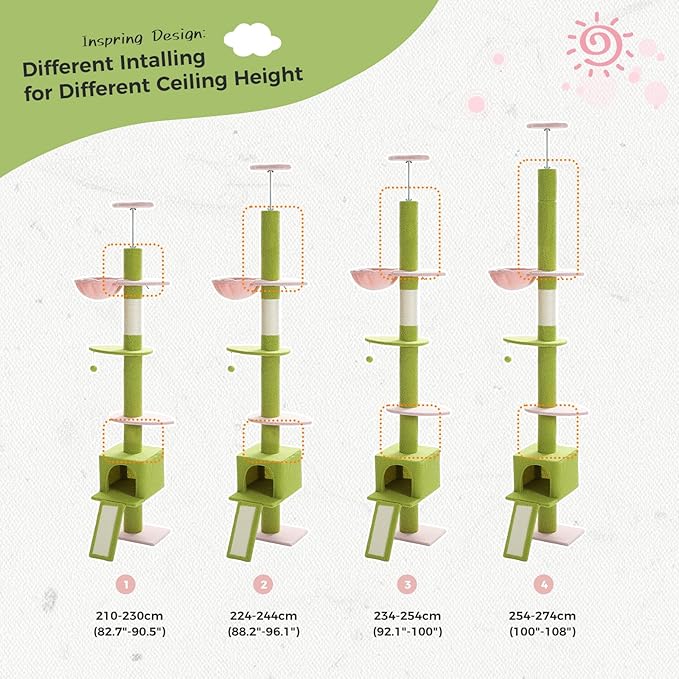 PETEPELA Floor to Ceiling Cat Tree, Cat Tower 5 Tiers Tall (83-108 Inches) Adjustable Height, Climbing Tree Featuring with Spacious Condo, Scratching Post and Perches for Indoor Cats, Pink