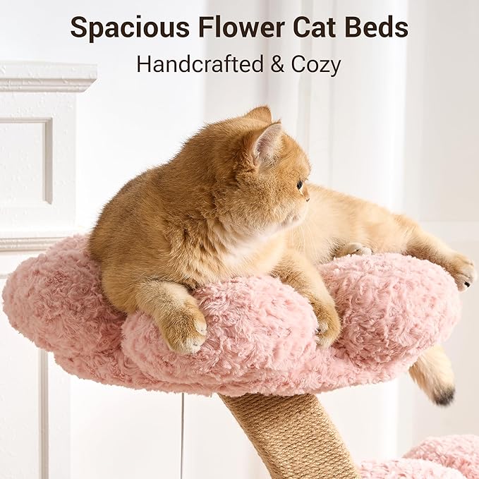 Aesthetic Flower Cat Tree Tower with Scratching Post for Indoor Cats, 30" H Modern Cat Tree with Wood Sculpted Branch, Flower Cat Beds, Mushroom Scratcher & Interactive Squeaky Toy, Pink