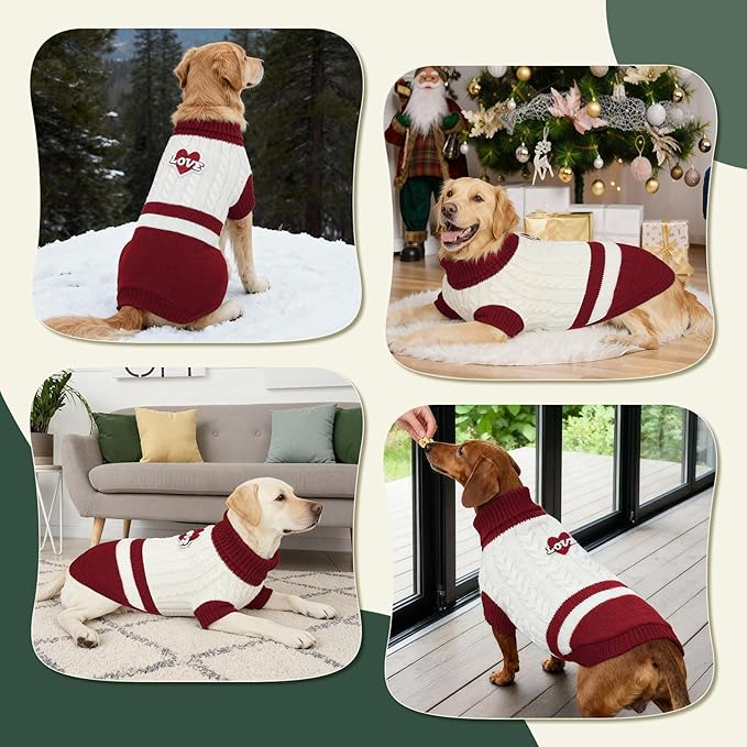 Dog Sweater Knitted for Small to Large Dogs Boy Girl, Classic Turtleneck Dog Christmas Sweaters, Warm & Soft Pet Clothes for Winter (Love Red, 2XL)