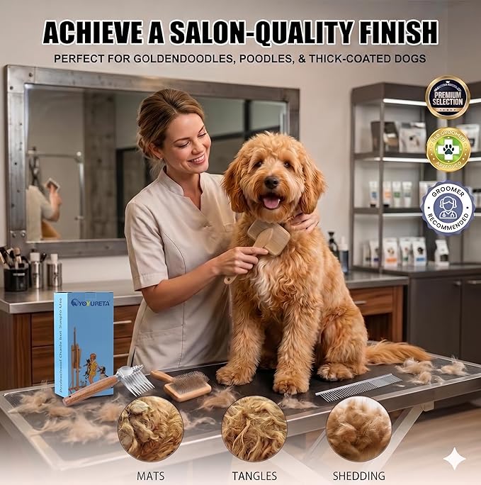 Dog Slicker Brush for Goldendoodles & Poodles - 3-in-1 Dematting Kit with Long Pin Slicker Brush & Dematting Comb - Deep Grooming Tool for Long Haired, Curly Coats, Wooden Handle, Natural
