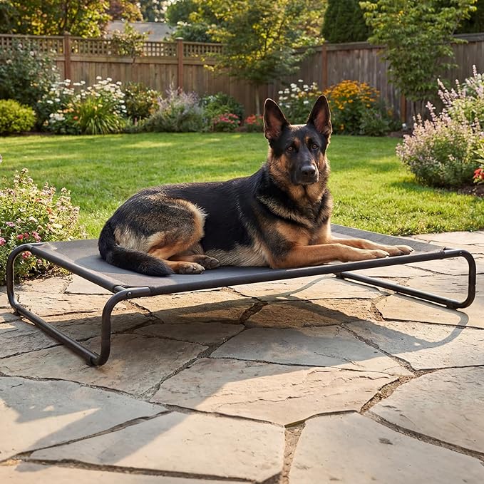 Veehoo Cooling Elevated Dog Bed, Outdoor Dog Bed for Large Dogs, Raised Dog Cot with Thickened Frame, Durable Teslin Mesh & Anti-Slip Rubber Feet, Pet Hammock for Indoor or Camping, 53" x 33", Black