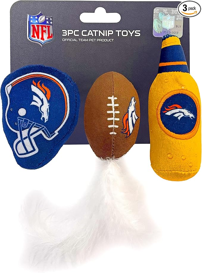 Best Plush CAT Toy - NFL Denver Broncos Complete Set of 3 piece Cat Toys Filled with Fresh Catnip. Includes: 1 Helmet Cat Toy, 1 Football Cat Toy with Feathers & 1 Beer Bottle. Beautiful Team Logos