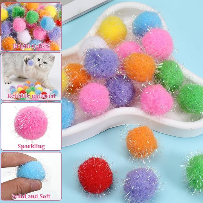 60 Pcs Cat Pom Pom Balls, 1.5 Inch Sparkle Balls for Cats, Assorted Colors, Interactive Glitter Toys for Indoor Cats Exercise & Play