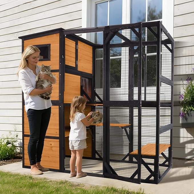 Aivituvin Large Catio Cat Enclosure Window for Outdoor Cats, Weatherproof Cat House with Roof, Resting Platforms & Windows, Indestructible Feral Cat Shelter for Backyard - Black and Brown