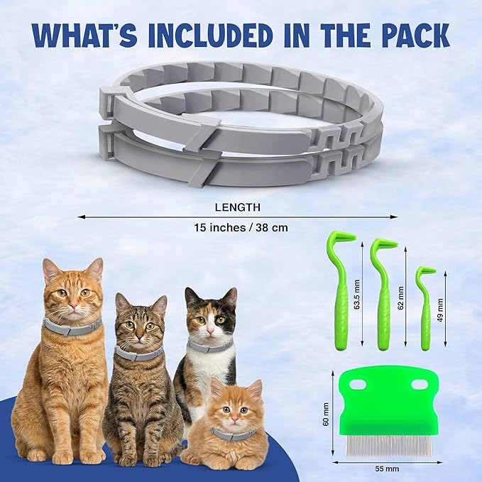 Cat Flea and Tick Collar (2 Pack) – Natural Waterproof Flea Collar for Cats & Kittens with 8 Month Protection Adjustable Cat Flea Collar Includes Tick Removal Tools & Flea Comb