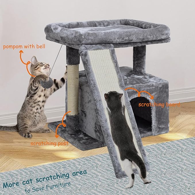 Small Cat Tree for Indoor Cats, Cat Tower with Scratching Post and Board, Cat House with Perch for Kitten, Stable Condo and Stand (Light Grey)