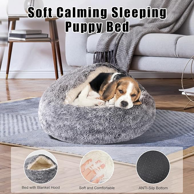 FORMYCATIE Cat Beds for Indoor Cats,Cat Cave for Puppy and Kitty,Calming Small Dog Bed for Small Dogs with Cover Cave,Cozy Warming Fluffy Washable Anti-Slip Pet Sleeping Bag (20 * 20inch,Grey)
